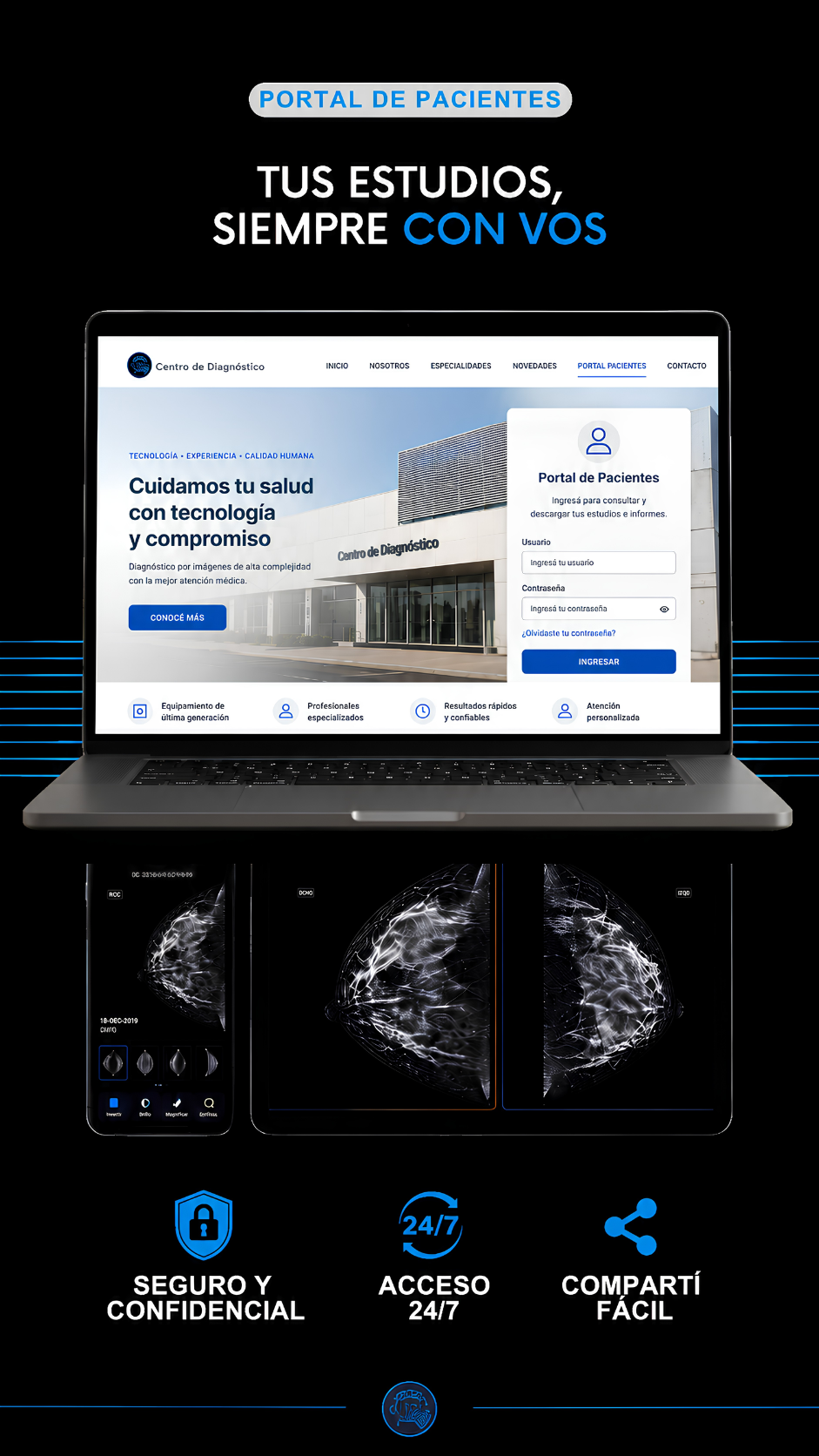 Portal de Pacientes incorporado en el sitio web de una institución médica para acceder a estudios e informes